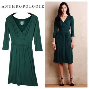 Maeve Anthropologie Galena Dress Small Petite SP Green Ruched V-Neck
